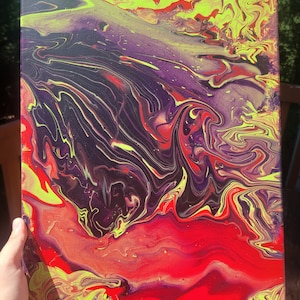 Purple, Red, and Neon Green Funky Psychedelic Acrylic Pour Painting - 12x16 in - Abstract Wall Art - Stretched/Wrapped Canvas - Room Decor