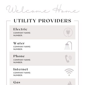 May include: A white and gray welcome home sign with a list of utility providers, including electric, water, phone, internet, and gas. The sign also includes contact information for Samantha Johnson, Realtor.