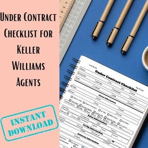 Puede incluir: Una lista de verificación imprimible en blanco y negro para agentes de Keller Williams. La lista de verificación se titula "Under Contract Checklist" e incluye secciones para información del cliente, información de ventas, información de cooperativa e información del abogado.