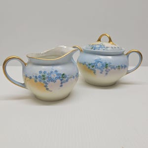 ヴィンテージ バイエルン 手描き磁器 ブルー フラワー クリーマー & 蓋付きシュガーボウル