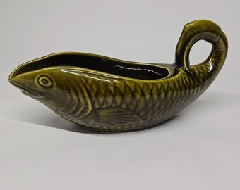 Antique Vtg Sarreguemines France Majolica Green Fish Shaped Gravy Sauce Boat