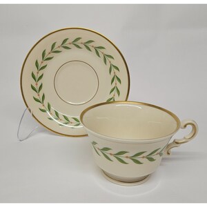 Syracuse China Old Ivory Greenwood Footed Teacup and Saucer Set MCM Vintage