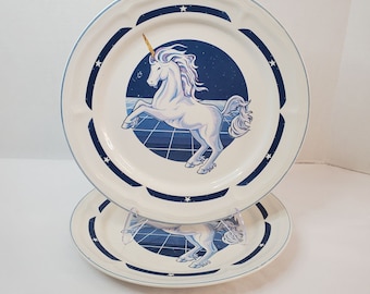 Vintage Tienshan Stoneware Blue Unicorn Fantasy Dinner Plate 10 inches