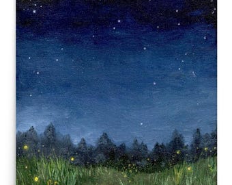 Night Meadow Oil Painting Print – Starry Sky, Fireflies, Cottagecore Nature Art