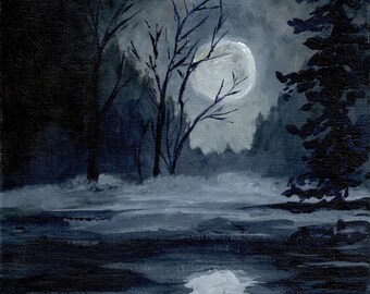 Midnight Moon Acrylic Print – Moody Forest Landscape, Cottagecore Nature Art (Digital Download)