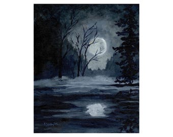 Original - “Midnight Moon” Acrylic Painting: Moody Forest Landscape (8x10 Canvas)
