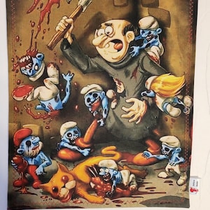 Może przedstawiać: Makabryczna ilustracja postaci z kreskówek z dużym toporem, otoczona przez kilka martwych postaci z kreskówek, wszystkie pokryte krwią. Scena rozgrywa się w ciemnym, ceglanym pomieszczeniu.