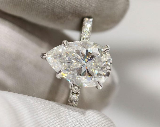 3 CT Pear Cut Lab Grown Diamond Engagement Ring, 14k White Gold Hidden Halo Wedding Ring, Pave Setting Tear Drop Anniversary Gift For Her