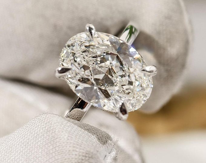 3 Ct Oval Lab Grown Diamond Engagement Ring, Hidden Halo Solitaire