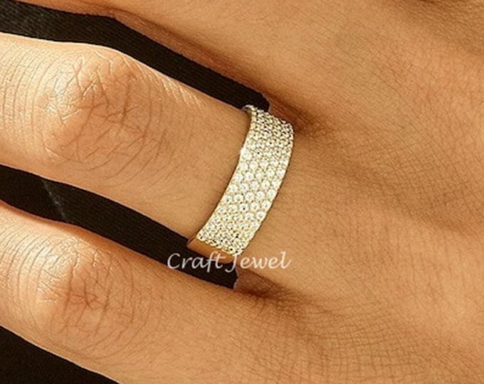 Round Cut Moissanite Wedding Band, Art Deco 5 Row Pave Set Anniversary Band, Designer Stackable Promise Band, Wide Flat Band, Gift For Love