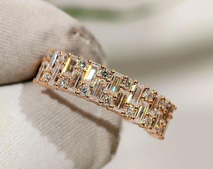 Moissanite Diamond Rose Gold Half Eternity Wedding Band, Baguette And Round Cut Shared Prong Set Anniversary Band