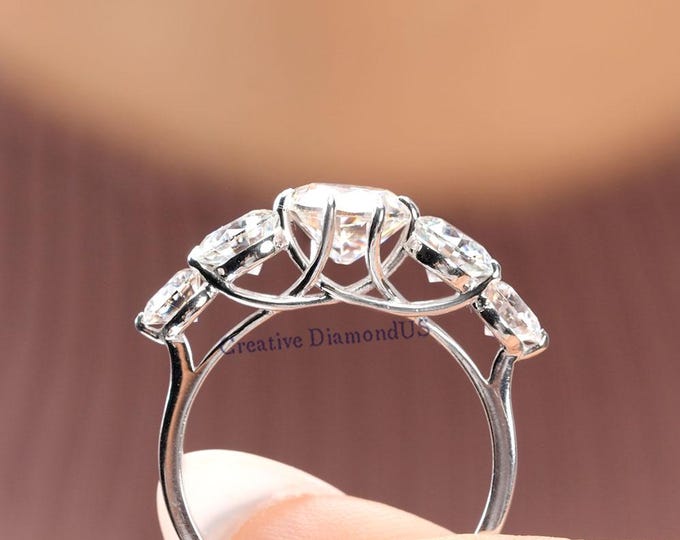 Vintage Old European Cut Moissanite Ring, Five Stone Engagement Ring, Round Cut Moissanite Anniversary Ring, Luxurious Birthday Gift For Her
