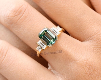 Green Emerald Cut Moissanite Diamond Five Stone Engagement Ring, Vintage Style Art Deco Wedding Ring, Celebrity Style Anniversary Ring