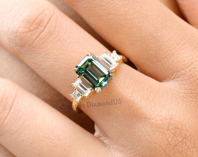 Green Emerald Cut Moissanite Diamond Five Stone Engagement Ring, Vintage Style Art Deco Wedding Ring, Celebrity Style Anniversary Ring