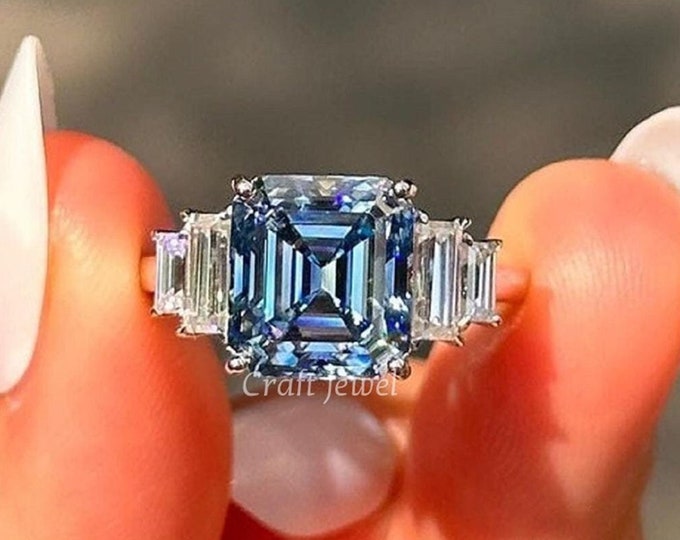 4 CT Asscher Cut Blue Moissanite Five Stone Engagement Ring with Side Step Cut Baguette Diamonds | Perfect Valentine's Day Gift for Her