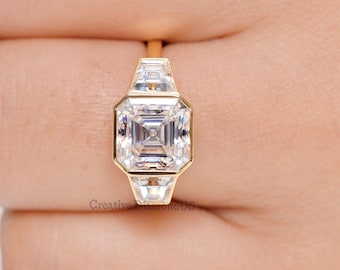 Asscher Cut Moissanite Three Stone Engagement Ring, Full Bezel Setting Anniversary Ring For Women, Celebrity Style Gold Anniversary Ring
