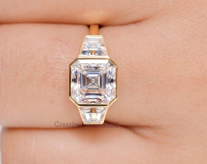 Asscher Cut Moissanite Three Stone Engagement Ring, Full Bezel Setting Anniversary Ring For Women, Celebrity Style Gold Anniversary Ring