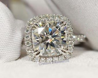 Cushion Cut Moissanite Engagement Ring, Unique Style Halo Wedding Ring, 14K Solid White Gold Promise Ring, Customized Birthday Gift