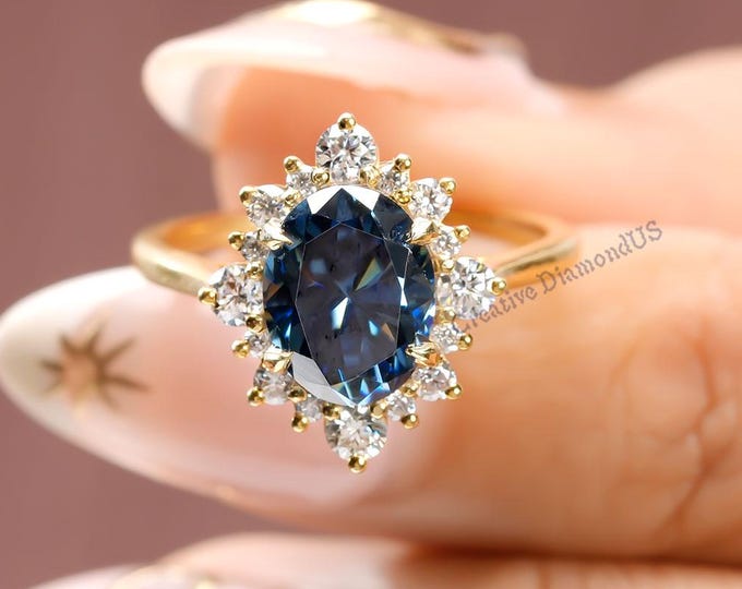 Blue Oval Cut Moissanite Unique Cluster Halo Engagement Rings, Four Claw Prong Set Wedding Ring, Affordable Women Ring For All Occasion