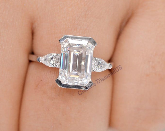 Emerald Cut Three Stone Moissanite Engagement Ring, Side Pear Cut Trilogy Diamond Promise Ring, Half Bezel Setting Custom Wedding Ring