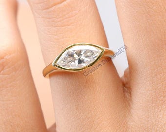 Horizontal Marquise Cut Wedding Ring East West Moissanite Diamond Engagement Ring Full Bezel Set 14K Solid Yellow Gold Celebrity Style Ring
