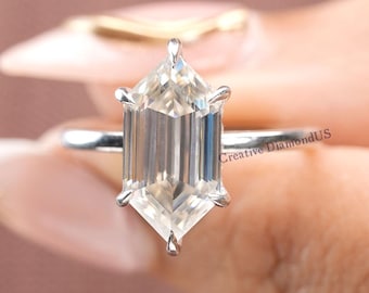 Step Cut Dutch Marquise Cut Moissanite Engagement Ring, Hidden Halo Wedding Ring, Six Claw Prong Set Invisible Halo Anniversary Ring