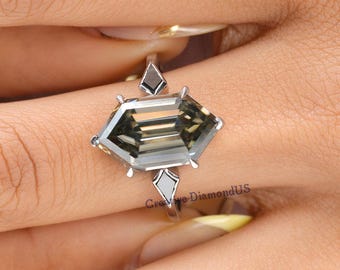 Three Stone Grey Dutch Marquise Cut Moissanite Engagement Ring, Side Black Kite Cut Promise Ring, Unique Hexagon Cut Trilogy Wedding Ring