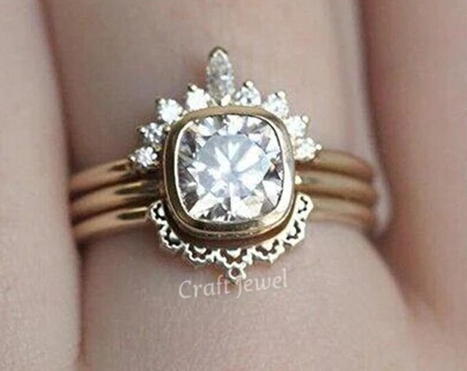 Bridal Ring Set - 2.50 CT Cushion Cut Moissanite Engagement Rings, Unique Thick Simple Band Bezel Set Trio for Proposal