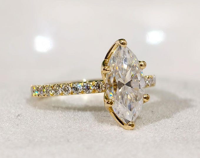 Marquise Cut Moissanite Engagement Ring, Tulip Prong Setting Solitaire Diamond Wedding Ring, Solid Gold Pave Set Customized Birthday Gift