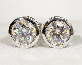 Round Cut Moissanite Diamond Stud Earrings, Bezel Set Women's Earrings, Solitaire Diamond Minimal Earrings For Wedding Gift