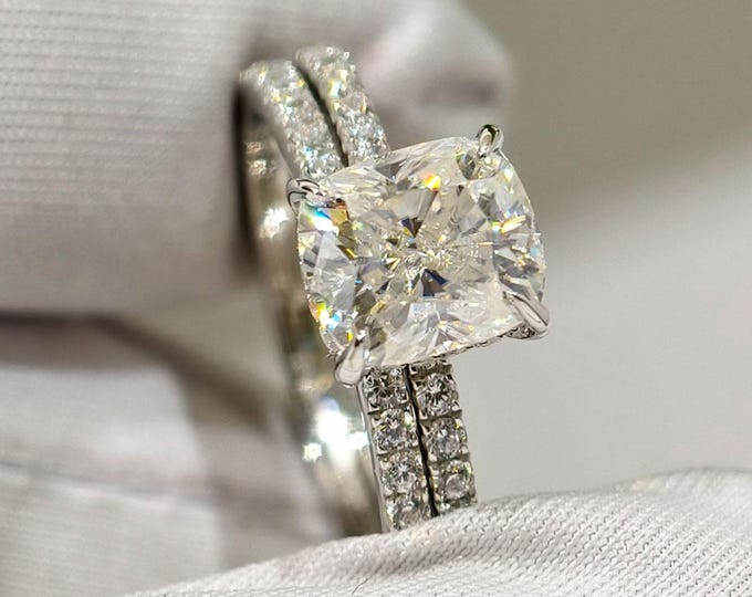 Cushion Cut Moissanite Diamond Wedding Ring Set, Hidden Halo Engagement Ring With Eternity Matching Band, Celebrity Style Bridal Ring Set