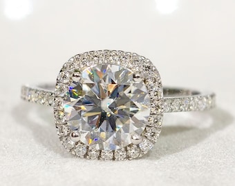 Round Cut Moissanite Halo Engagement Rings For Women, Danity Hidden Halo Pave Diamond Wedding Ring, 14K Solid White Gold Bridal Jewelry