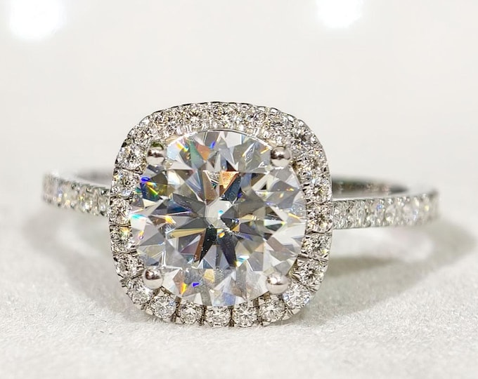 Round Cut Moissanite Halo Engagement Rings For Women, Danity Hidden Halo Pave Diamond Wedding Ring, 14K Solid White Gold Bridal Jewelry