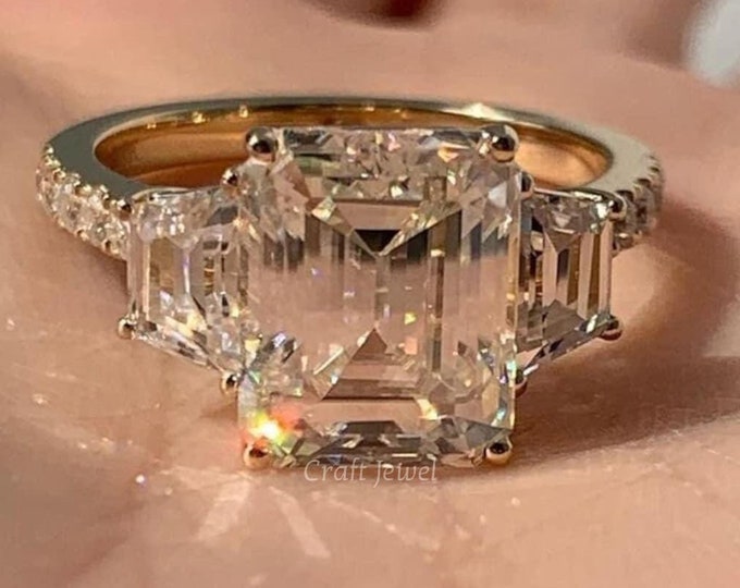 Three Stone Emerald Cut 3 Carat Moissanite Ring, Three Stone Emerald Cut Engagement Ring, Unique Three Diamond Wedding Bridal Ring For Wife