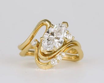 Marquise Cut Moissanite Wedding Ring Set, Classsic Solitaire Engagement Ring With Curved Matching Band, Luxurious Bridal Set
