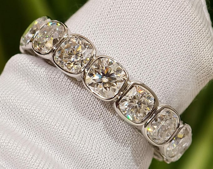 Cushion Cut Full Eternity Promise Band, Bezel Setting Wedding Band, Sparkling Diamond Anniversary Gift, Stackable Bridal Jewelry