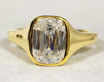 Bezel Setting Elongated Cushion Criss Cut Moissanite Engagement Ring, Solitaire Diamond Wedding Ring, Unique Anniversary Gift For Wife