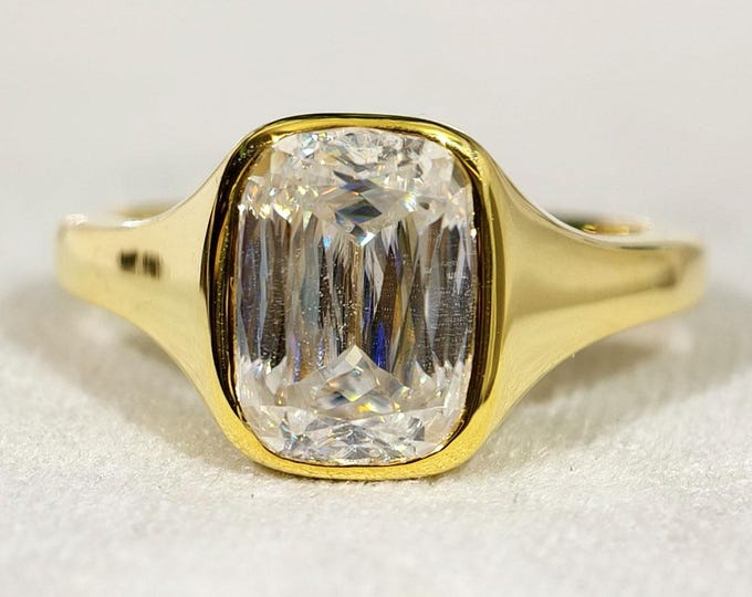 Bezel Setting Elongated Cushion Criss Cut Moissanite Engagement Ring, Solitaire Diamond Wedding Ring, Unique Anniversary Gift For Wife