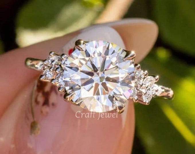 Round Moissanite Ring, Vintage Style Moissanite Engagement Rings, White Gold Unique Snowdrift Prong Ring, Diamond Wedding Jewelry for Women