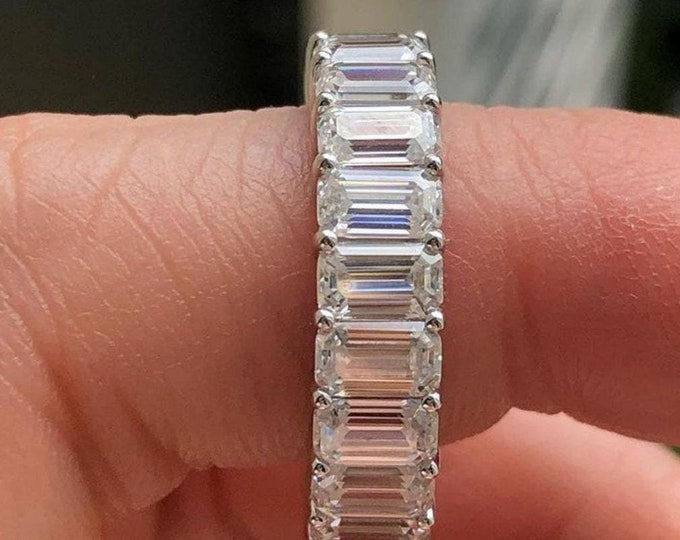 Emerald Cut Moissanite Wedding Band, Full Eternity Anniversary Band, U Prong Set Promise Band Minimalist Stackable Engagement Band For Women