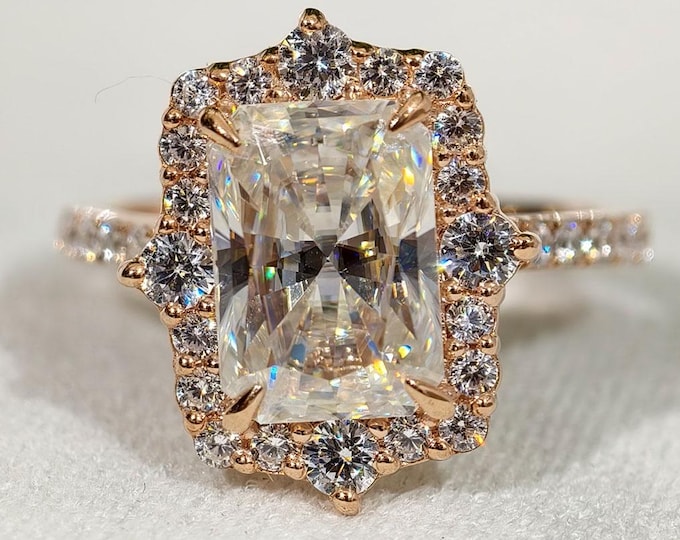 Radiant Cut Halo Engagement Ring, Floral Cluster Halo Moissanite Diamond Wedding Ring, Pave Bridge Proposal Ring, Unique Statement Jewelry