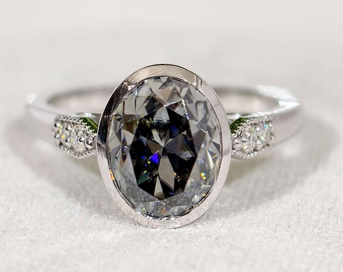 Grey Oval Cut Moissanite Diamond Bezel Engagement Ring, Milgrain Set Cathedral Shank Solid White Gold Wedding Ring, Luxury Anniversary Gift