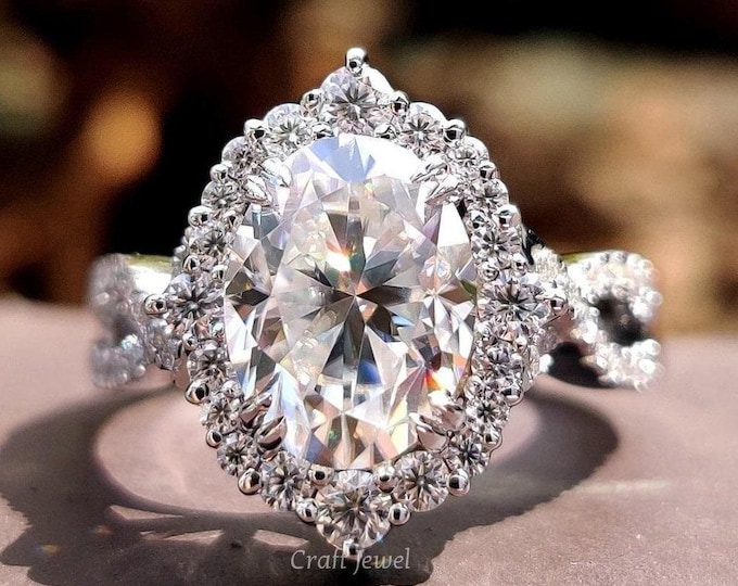 Oval Engagement Ring, 3.50 CT Oval Cut Colorless Moissanite Wedding Ring, Ring for Women, Anniversary Gift, Halo Promise Ring, Twisted Band