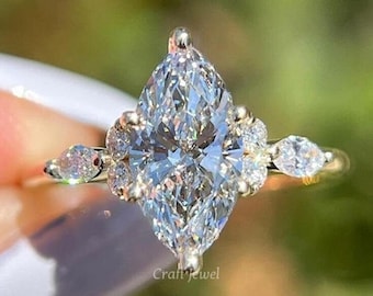 3 CT Marquise Cut Moissanite Cluster Wedding Gift, Unique Solid Gold Engagement Anniversary Ring For Women, Art Deco Marquise Promise Ring