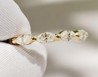 Marquise Cut Moissanite Wedding Band, Elegant Moissanite Half Eternity Band, Stackable Gold Anniversary Band For Her