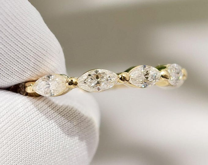 Marquise Cut Moissanite Wedding Band, Elegant Moissanite Half Eternity Band, Stackable Gold Anniversary Band For Her
