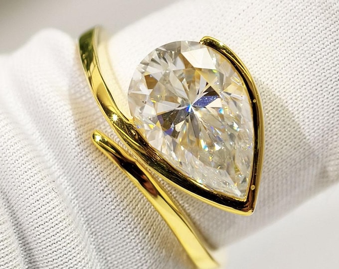 East West Pear Cut Moissanite Solitaire Engagement Ring, Horizontal Teardrop Diamond Half Bezel Set Open Cuff Wedding Ring, Handmade Jewelry