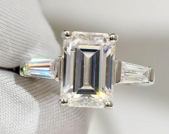 Three Stone Wedding Ring, 3 Ct Emerald Cut Moissanite Engagement Ring, Trilogy Diamond Proposal Ring For Her