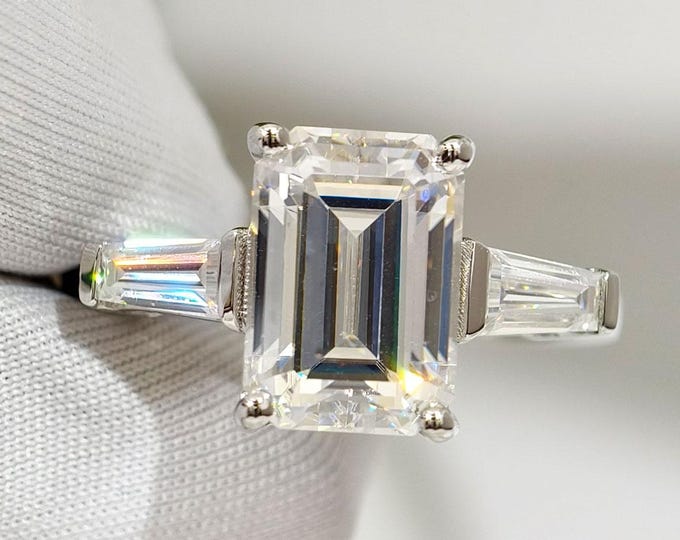 Three Stone Wedding Ring, 3 Ct Emerald Cut Moissanite Engagement Ring, Trilogy Diamond Proposal Ring For Her