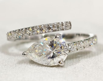 Pear Cut Open Shank Moissanite Wedding Ring, Bypass Style East West Diamond Engagement Ring, Pave Setting Modern Proposal Ring